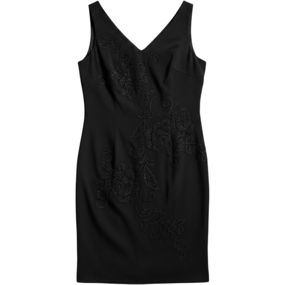 VTG CDC Sheath Dress 8 Black Floral Embroidered Beaded V-Neck Cocktail 90s